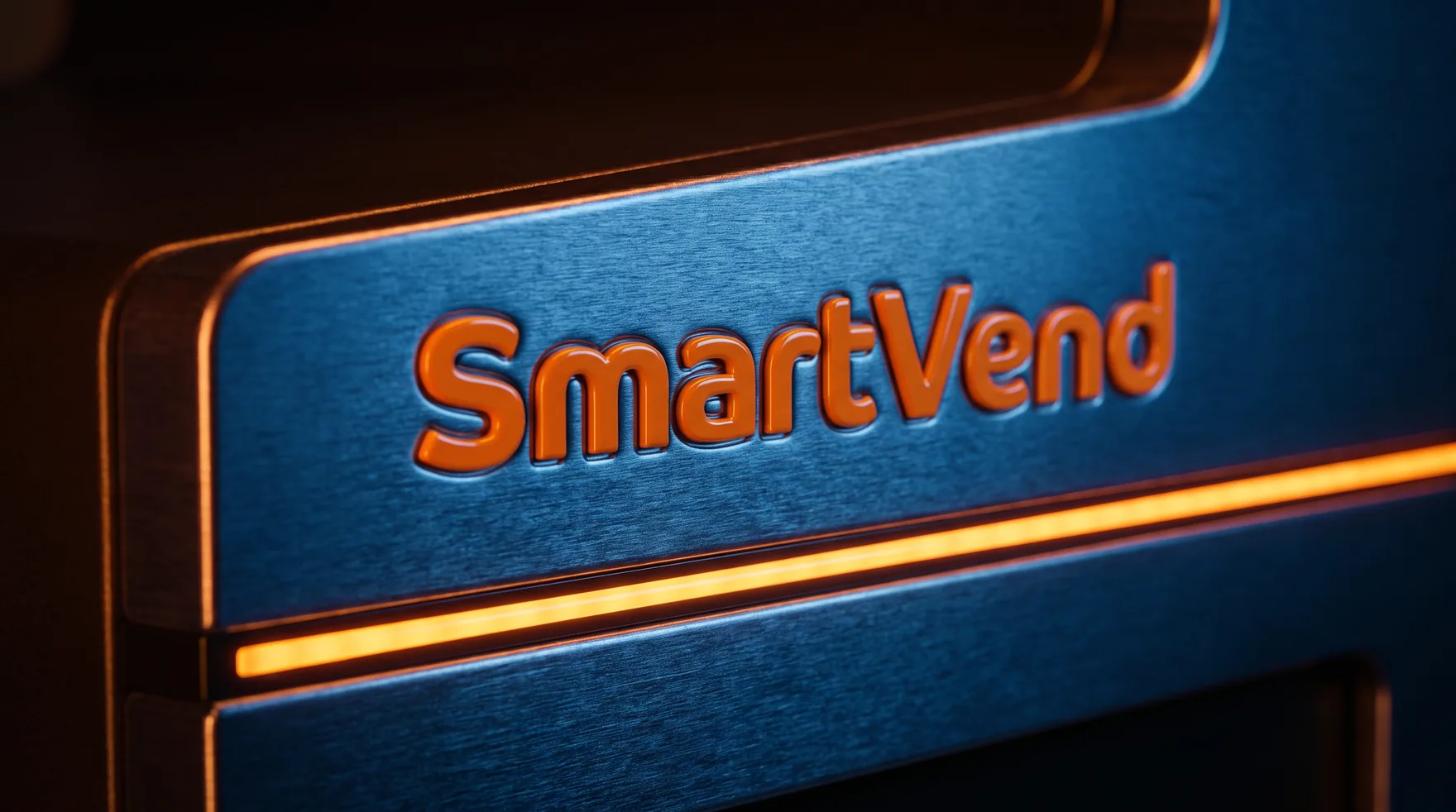 Close-up of the SmartVend brand on a brushed blue-metal machine panel