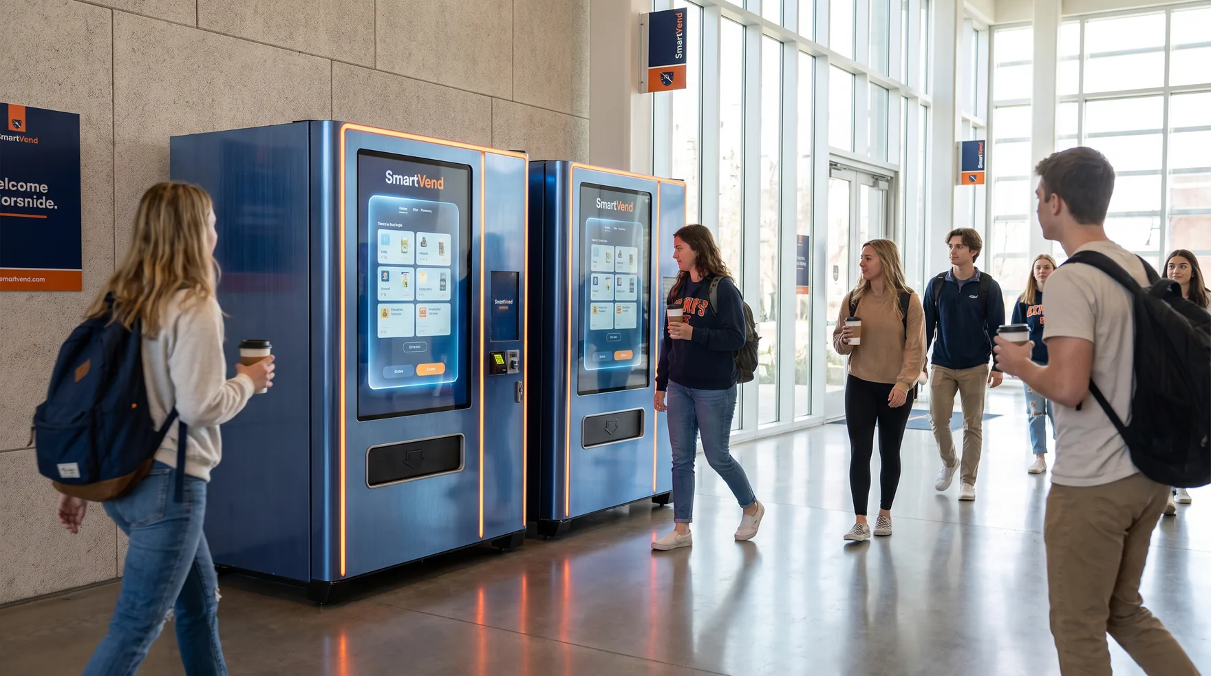 SmartVend machines in a university campus corridor