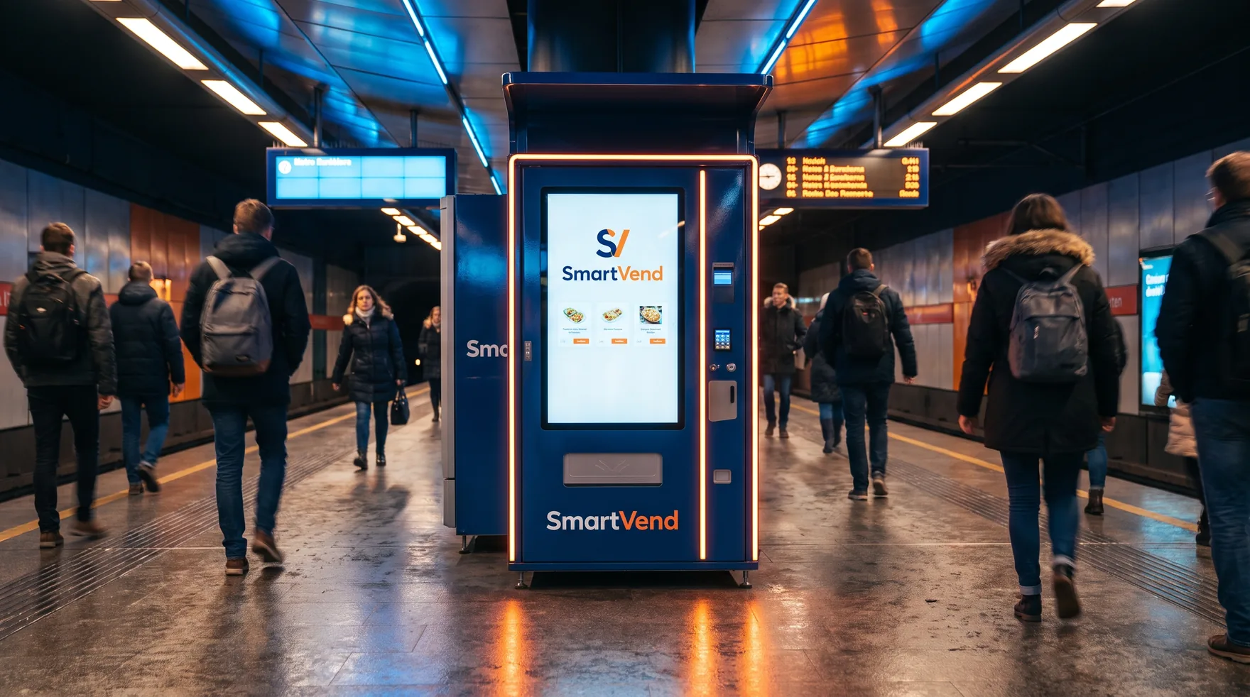 A SmartVend machine in a busy metro station at night